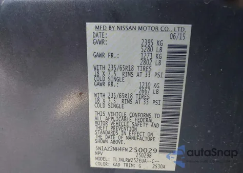 2015 Nissan Murano Sl from USA, damaged, VIN 5N1AZ2MH4FN250029